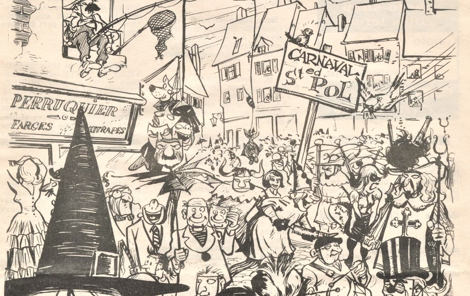 Illustration noir et blanc montrant une foule défilant pour le carnaval.