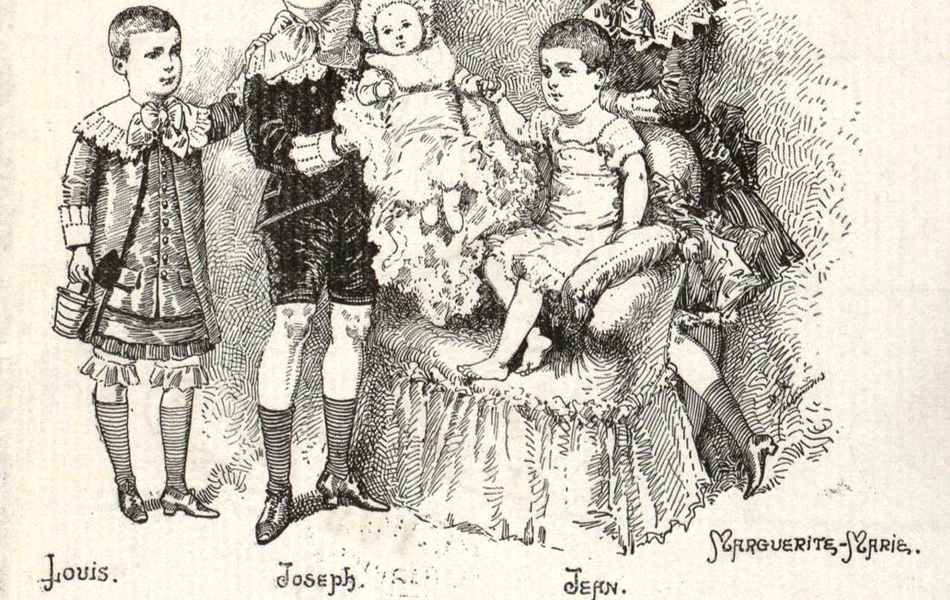 Gravure monochrome montrant un bébé entouré de quatre enfants. En-dessous, on lit "Louis, Joseph, Jean, Marguerite-Marie, Marie-Antoinette Laroche, née le 9 septembre 1885, Arras".