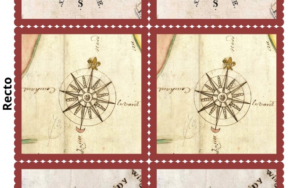 Série de trois doubles cartes à jouer couleur illustrées par des roses des vents.
