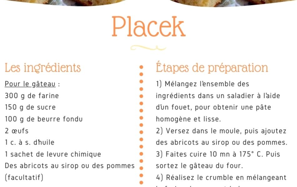 Recette de cuisine sur laquelle on lit : "Recette de Placek, d’après les recettes de Wioletta. Il s’agit d’un gâteau traditionnel polonais. Les ingrédients : Pour le gâteau : 300 g de farine, 150 g de sucre, 100 g de beurre fondu, 2 œufs, 1 c. à s. d’huile, 1 sachet de levure chimique, des abricots au sirop ou des pommes (facultatif). Pour le crumble : 100 g de farine, 70 g de sucre, 70 g de beurre. Les étapes de préparation : 1) Mélangez l’ensemble des ingrédients dans un saladier à l’aide d’un fouet, pour obtenir une pâte homogène et lisse. 2) Versez dans le moule, puis ajoutez des abricots au sirop ou des pommes. 3) Faites cuire 10 mn à 175° C. Puis sortez le gâteau du four. 4) Réalisez le crumble en mélangeant la farine, le sucre et le beurre. Ajoutez la préparation sur le dessus du gâteau. 5) Faites cuire de nouveau 15 mn à 175° C. S M A C Z N E G O ! ! ! (signifiant « Bon appétit en polonais)".