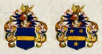 Deux blasons. Celui de gauche est bleu traversé par une bande horizontale jaune. À sa droite, le même avec trois étoiles jaunes en plus.