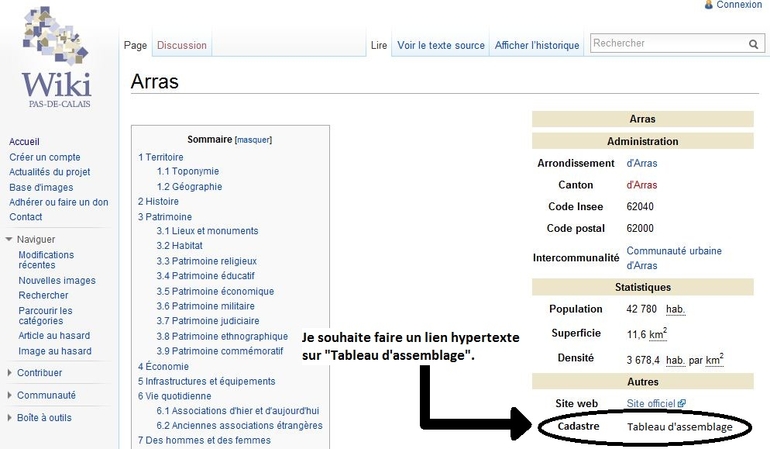 Capture d'écran d'une page de Wikipasdecalais où l'on voit l'annotation suivante "Je souhaite faire un lien hypertexte sur Tableau d'assemblage" pointant sur le texte susmentionné.