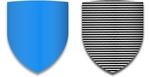Blason bleu à côté d'un blason blanc recouvert de lignes horizontales.